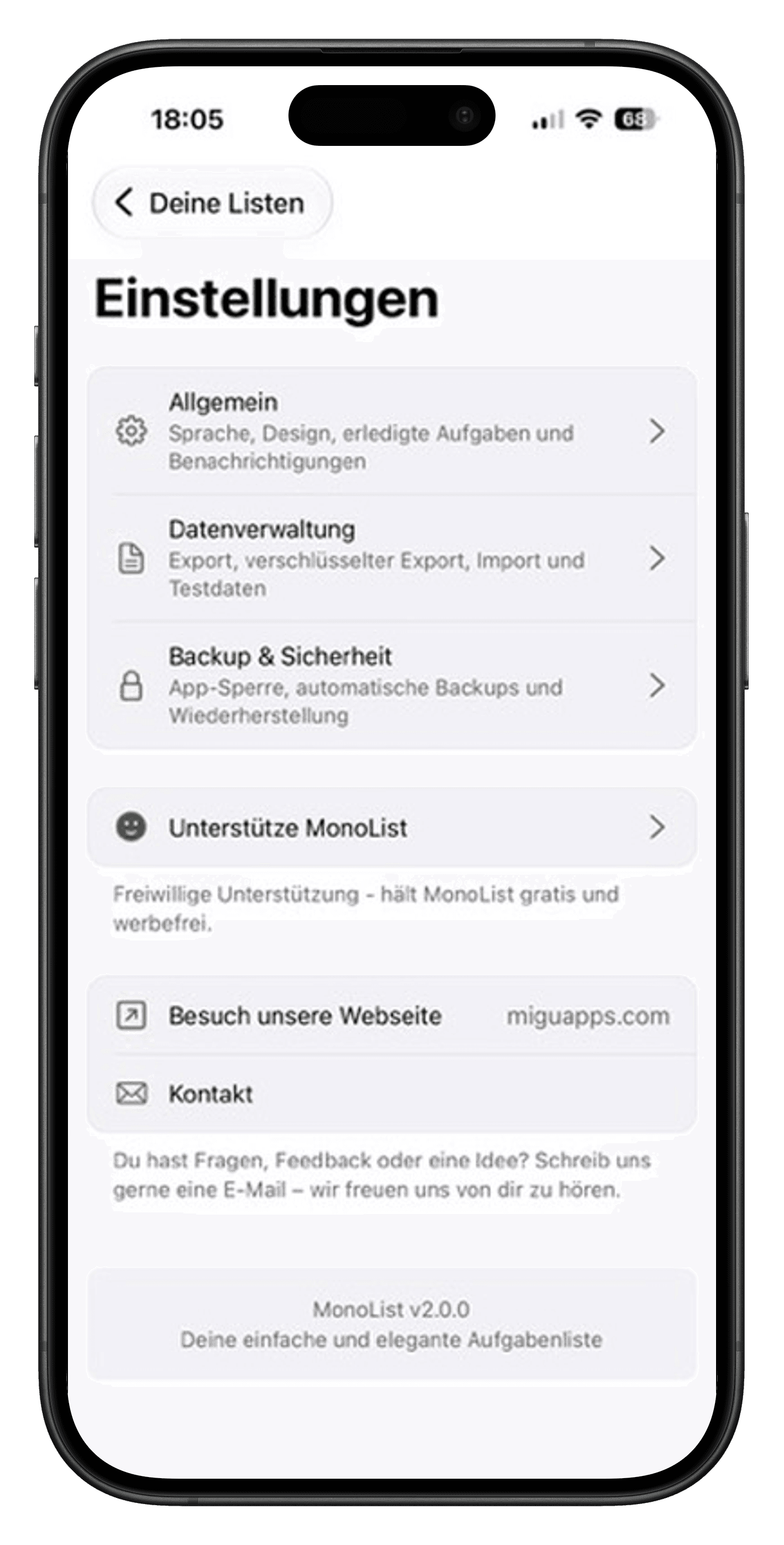 Einstellungen, Datenverwaltung, Backups und Kontakt