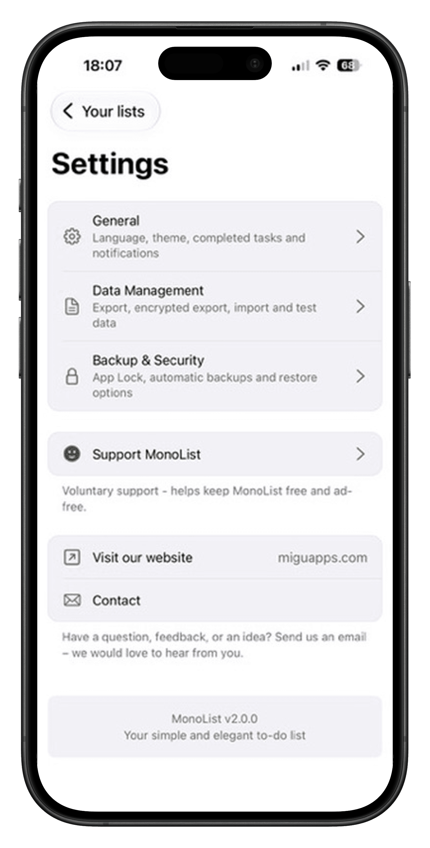Settings, data management, backups, and contact