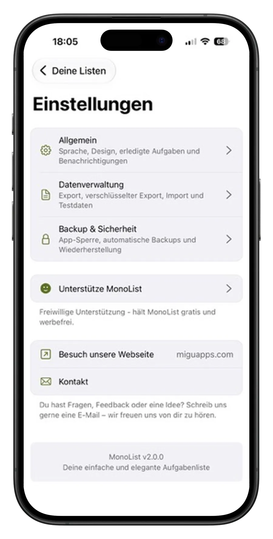 Einstellungen, Datenverwaltung, Backups und Kontakt
