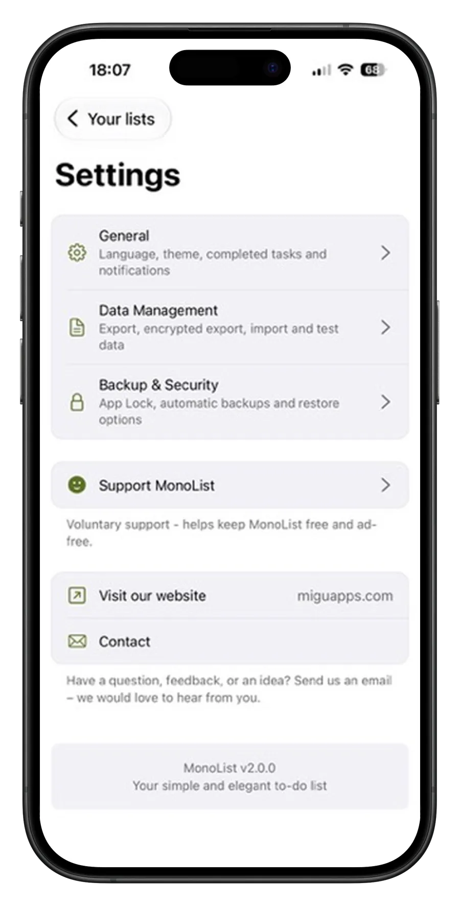Settings, data management, backups, and contact